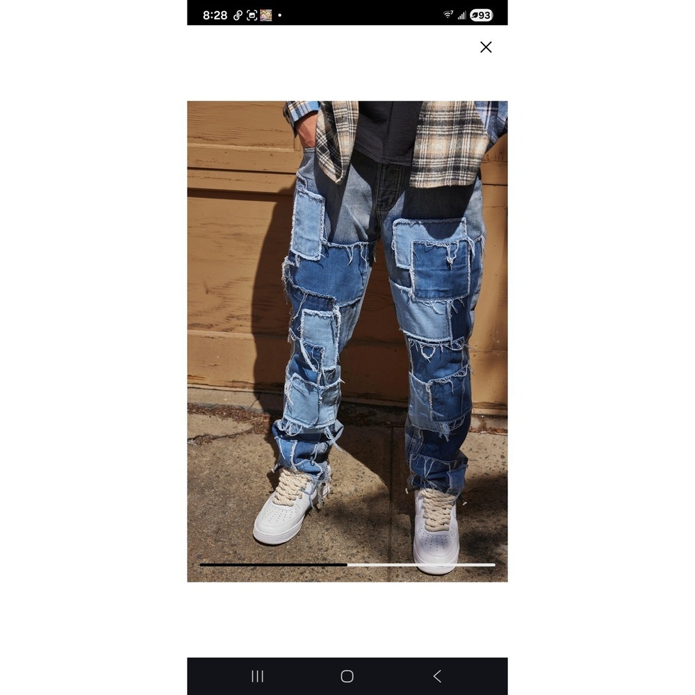 BoohooMAN Mens Patchwork Denim Jeans Blue Frayed Raw‎ Edge Streetwear 32S